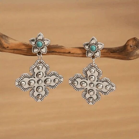 Western Flower Cross Silver Plated Turquoise Dangle Earrings - Picture 1 of 6